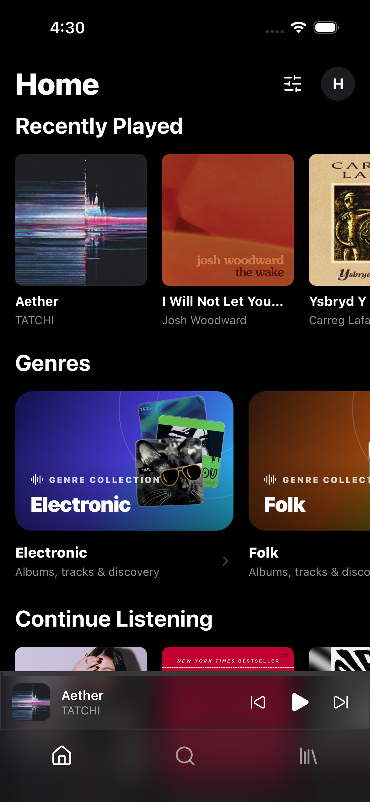 Headroom home screen with music and genre collections
