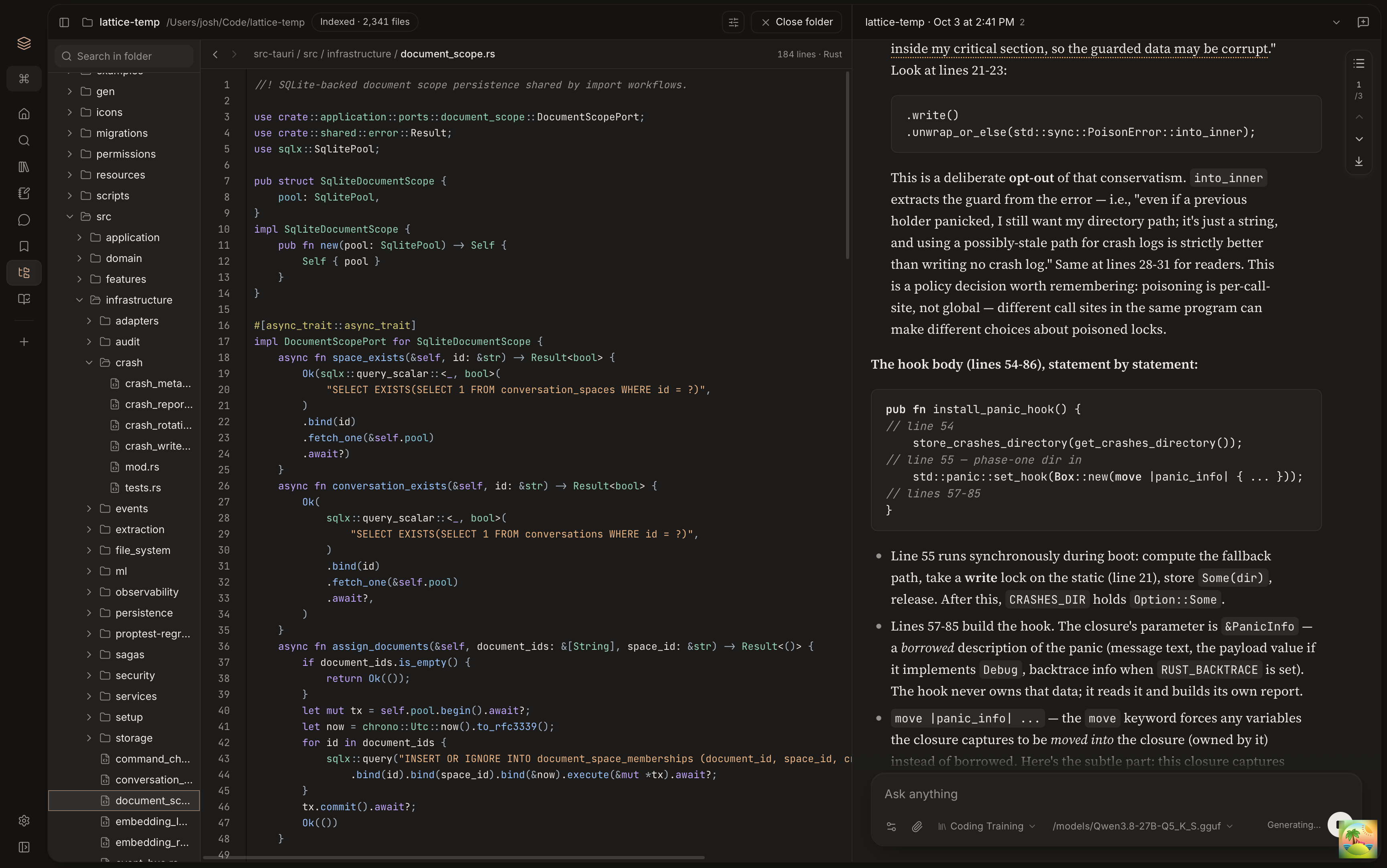 Lattice Explorer with source code and a conversation side by side